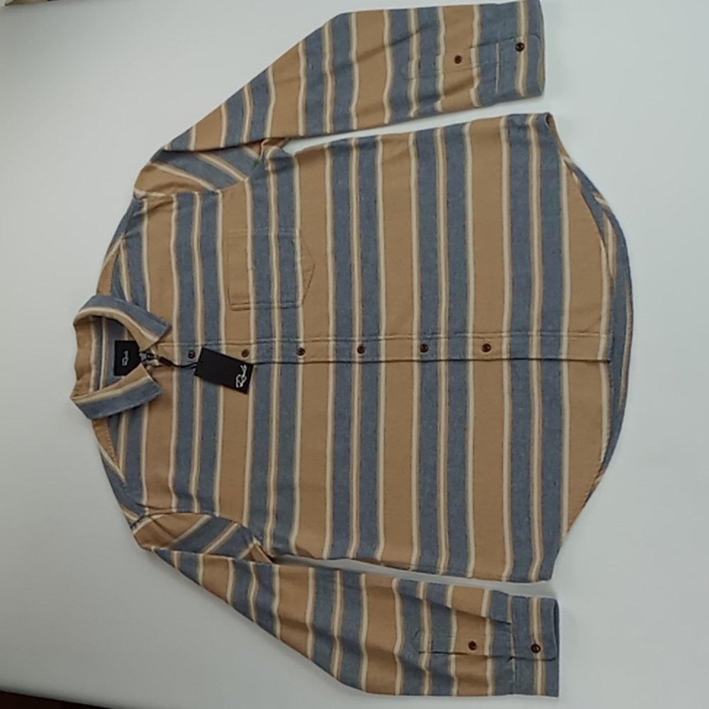 Rails Men's Flannel Shirt Tan/Blue Stripe Long Sleeve Button Down Size L